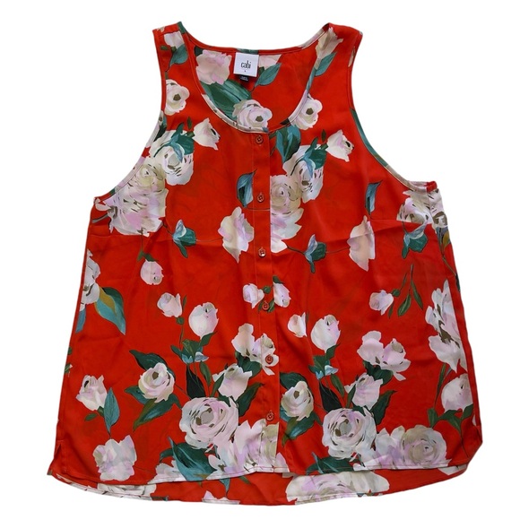 CABI MANET ORANGE FLORAL BUTTON UP SLEEVELESS SHEER TANK BLOUSE - SIZE LARGE - Picture 8 of 12